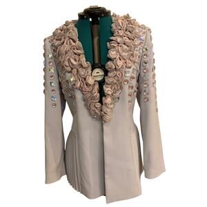 Louise Ricci Embellished Blazer Jacket‎ Rhinestone Ruffle Corset Back Sz 14 Gray